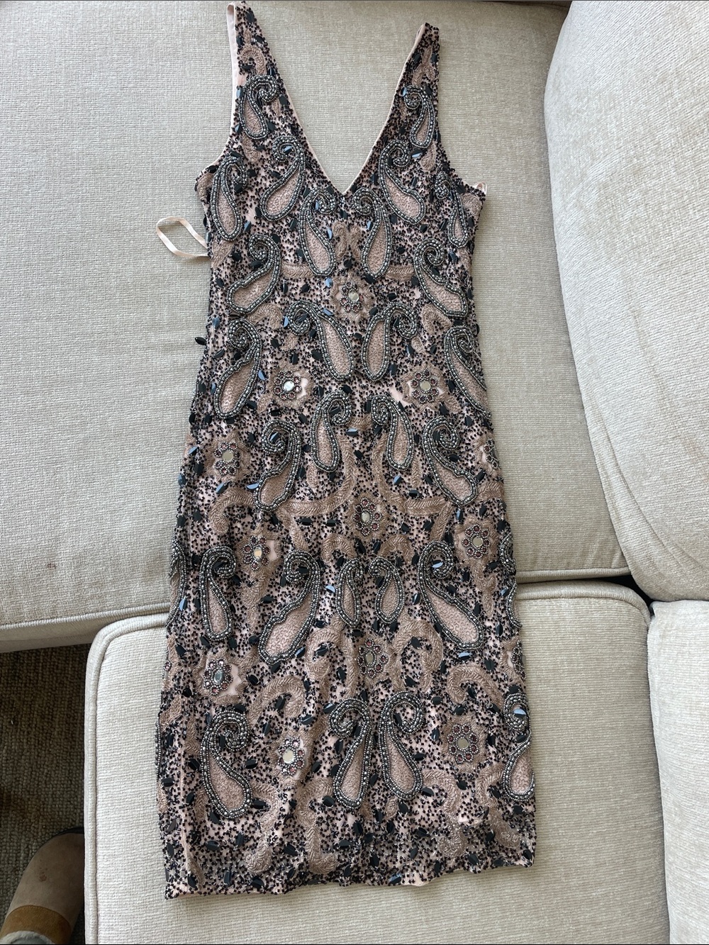 Vintage Blush Paisley Beaded V-Neck Midi Dress